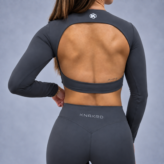 FLUX Backless Long Sleeve Crop Top - Drift Grey