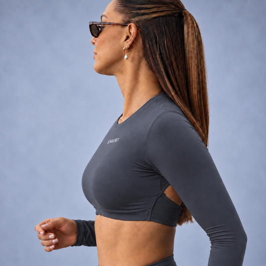 FLUX Backless Long Sleeve Crop Top - Drift Grey